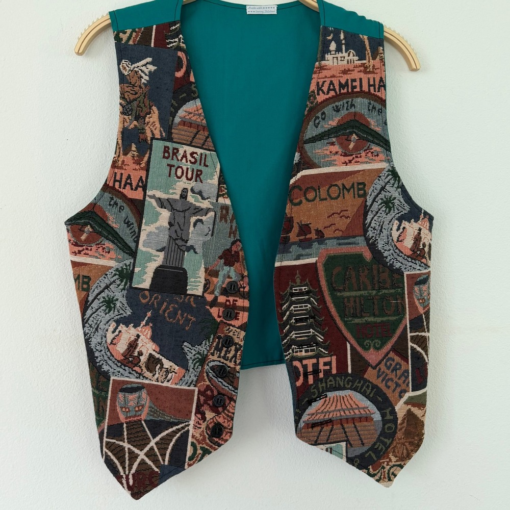 Loving Stitches Womens Tapestry Teal Travel Souvenir Graphic Button Vest M